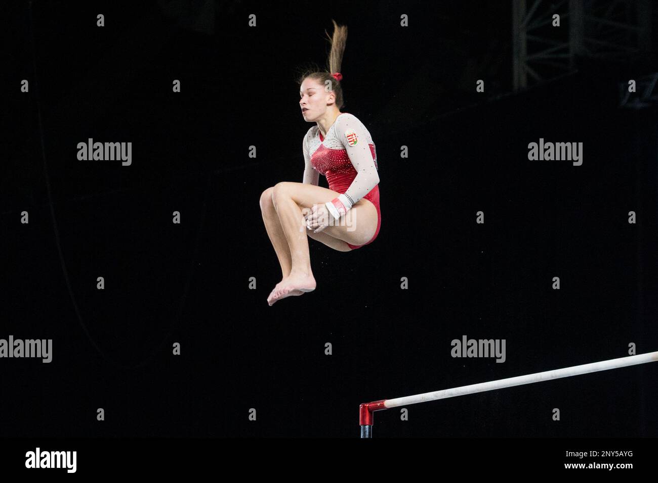 October 03, 2017 Zsofia Kovacs of Hungary (568) dismounts uneven bars