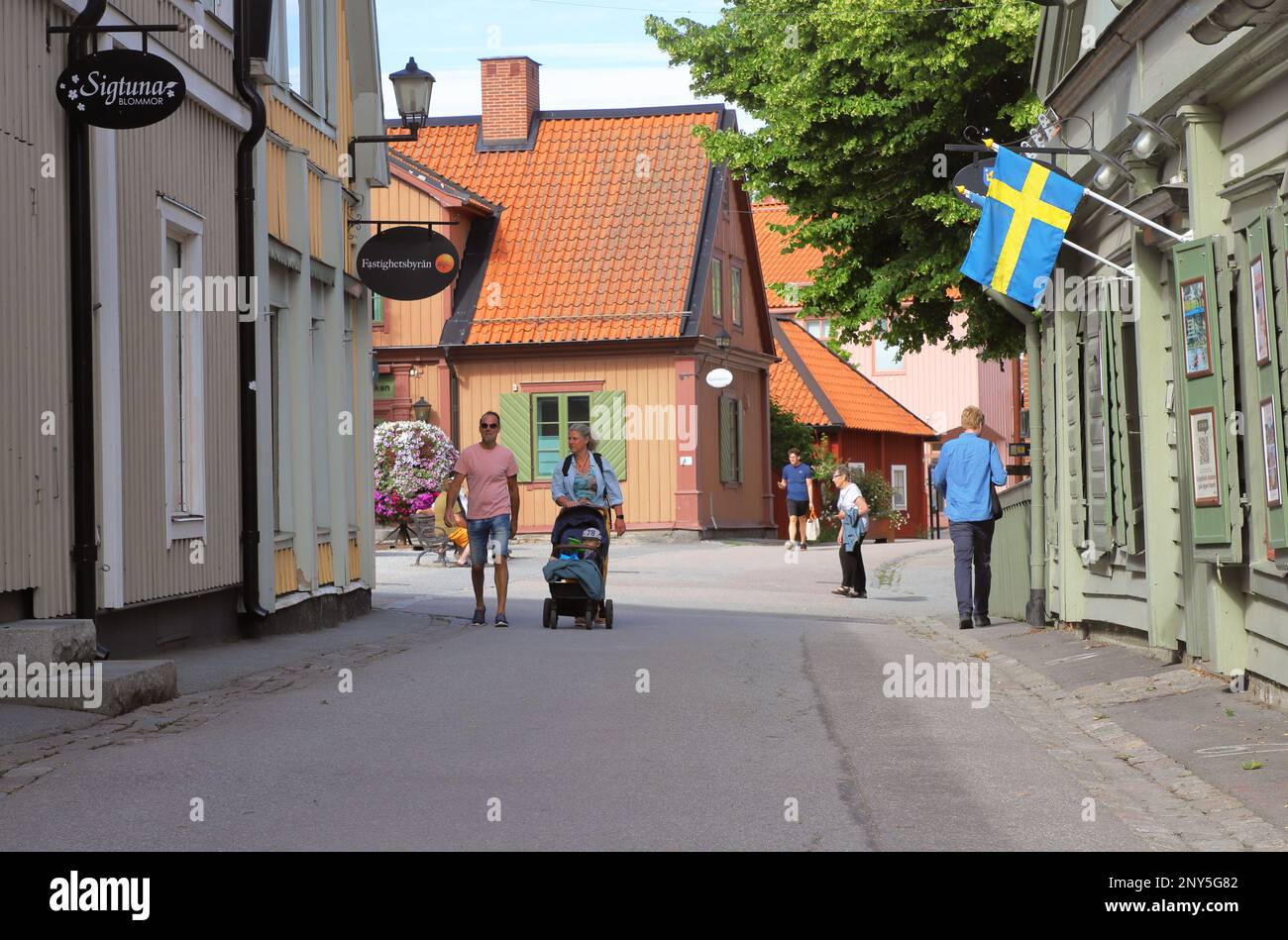 Sigtuna, Sweden - July 2, 2022: People at the Stora gatan in Sigtuna city center. Stock Photo