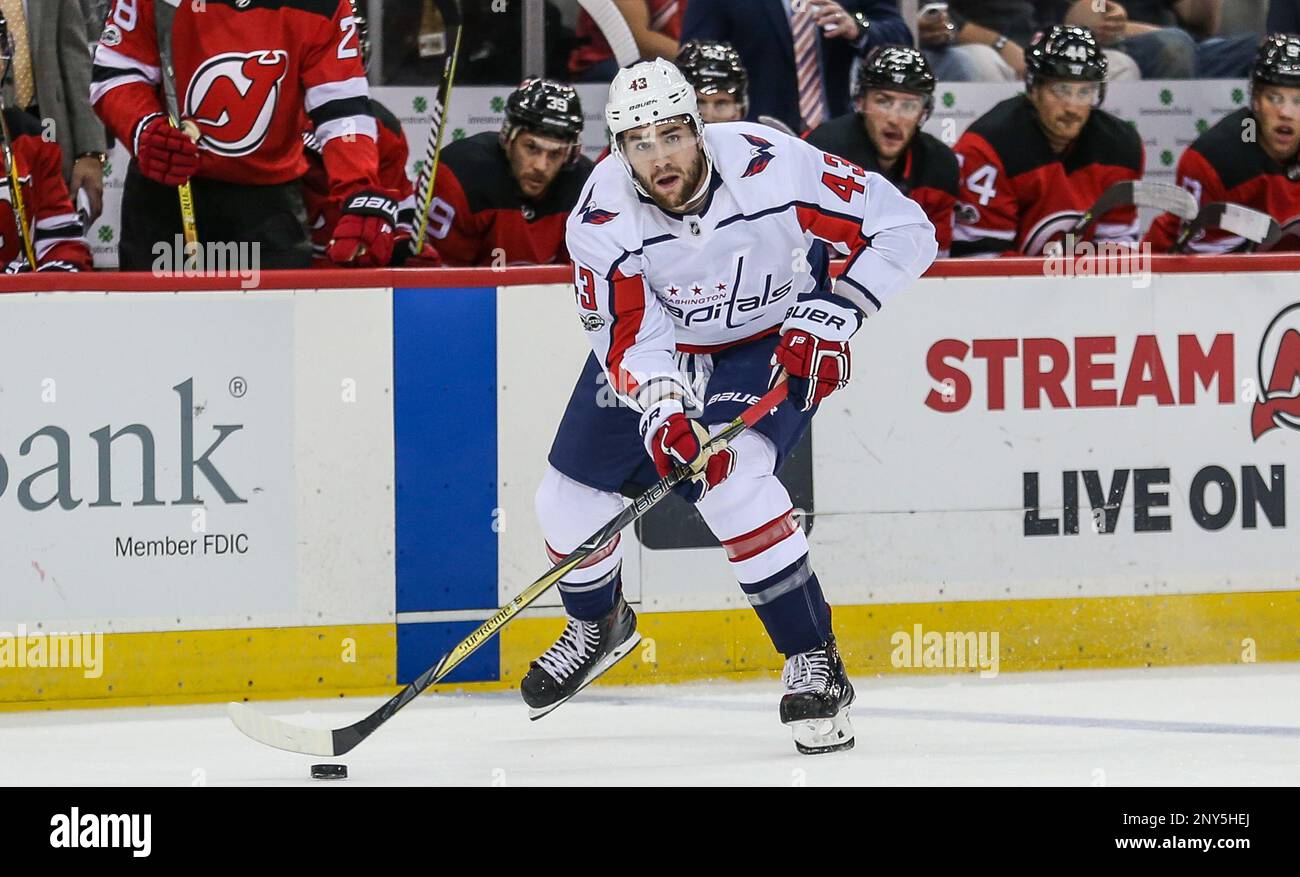 October 13, 2017: Washington Capitals right wing Tom Wilson (43) looks to  pass during an NHL game between the Washington Capitals and the New Jersey  Devils at The Prudential Center in Newark,
