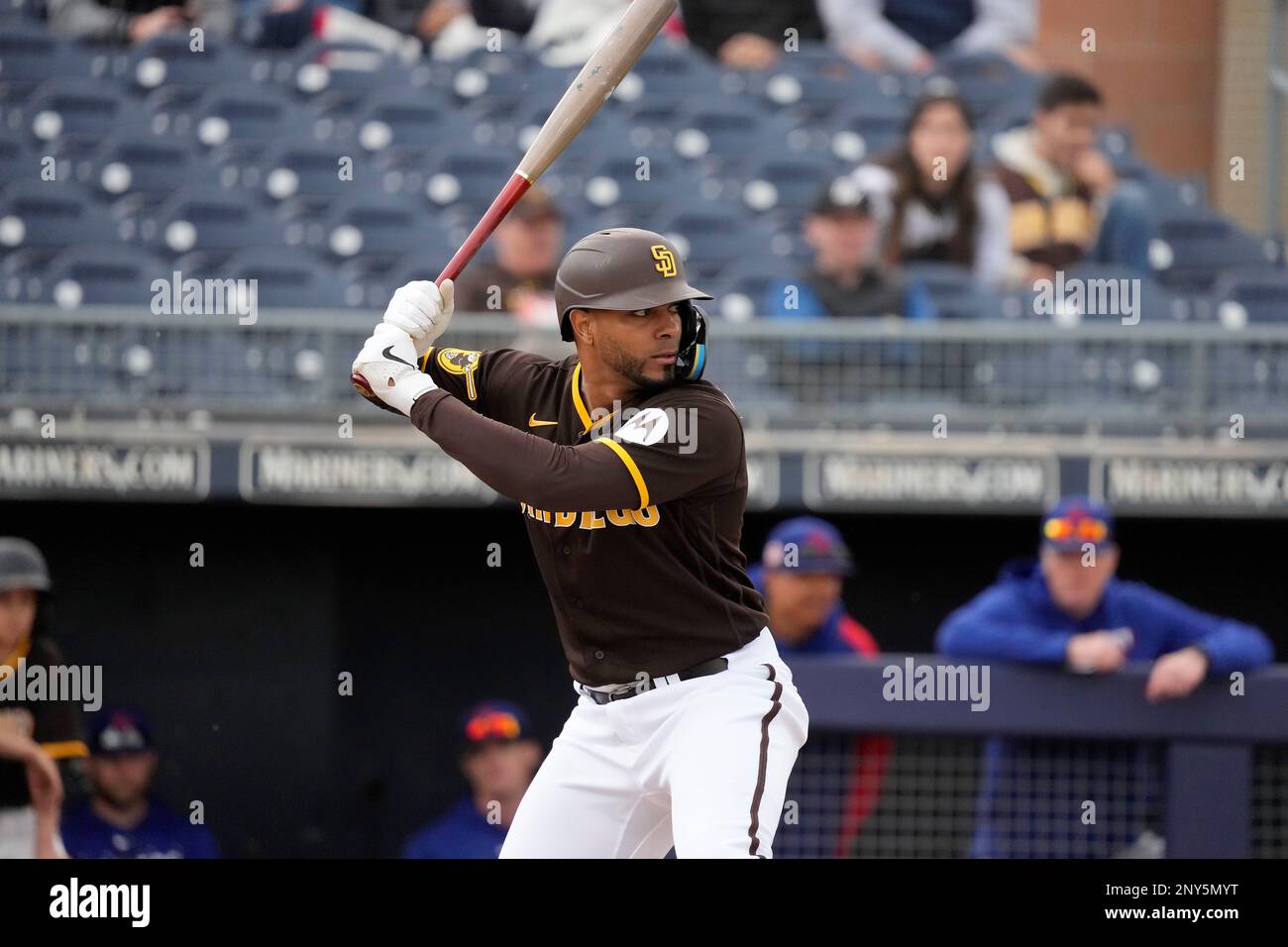 San Diego Padres' Xander Bogaerts bats during the first inning of a spring  training baseball game against the Texas Rangers Wednesday, March 1, 2023,  in Peoria, Ariz. (AP Photo/Charlie Riedel Stock Photo 