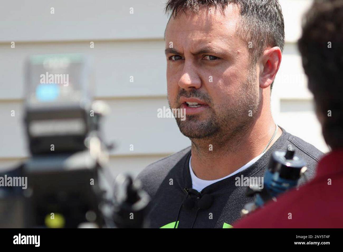 FILE - In this July 24, 2017, file photo, Brian Pyle, owner of Pyle Transportation Inc., the Iowa trucking company involved in a deadly case of immigrant smuggling in Texas, speaks to reporters in Schaller, Iowa. Federal safety regulators on Monday, Oct. 9, 2017, shut down the troubled Iowa trucking company after a review found the company's safety rating was unsatisfactory. (Jared Strong/Carroll Daily Times Herald via AP, File) Stock Photo