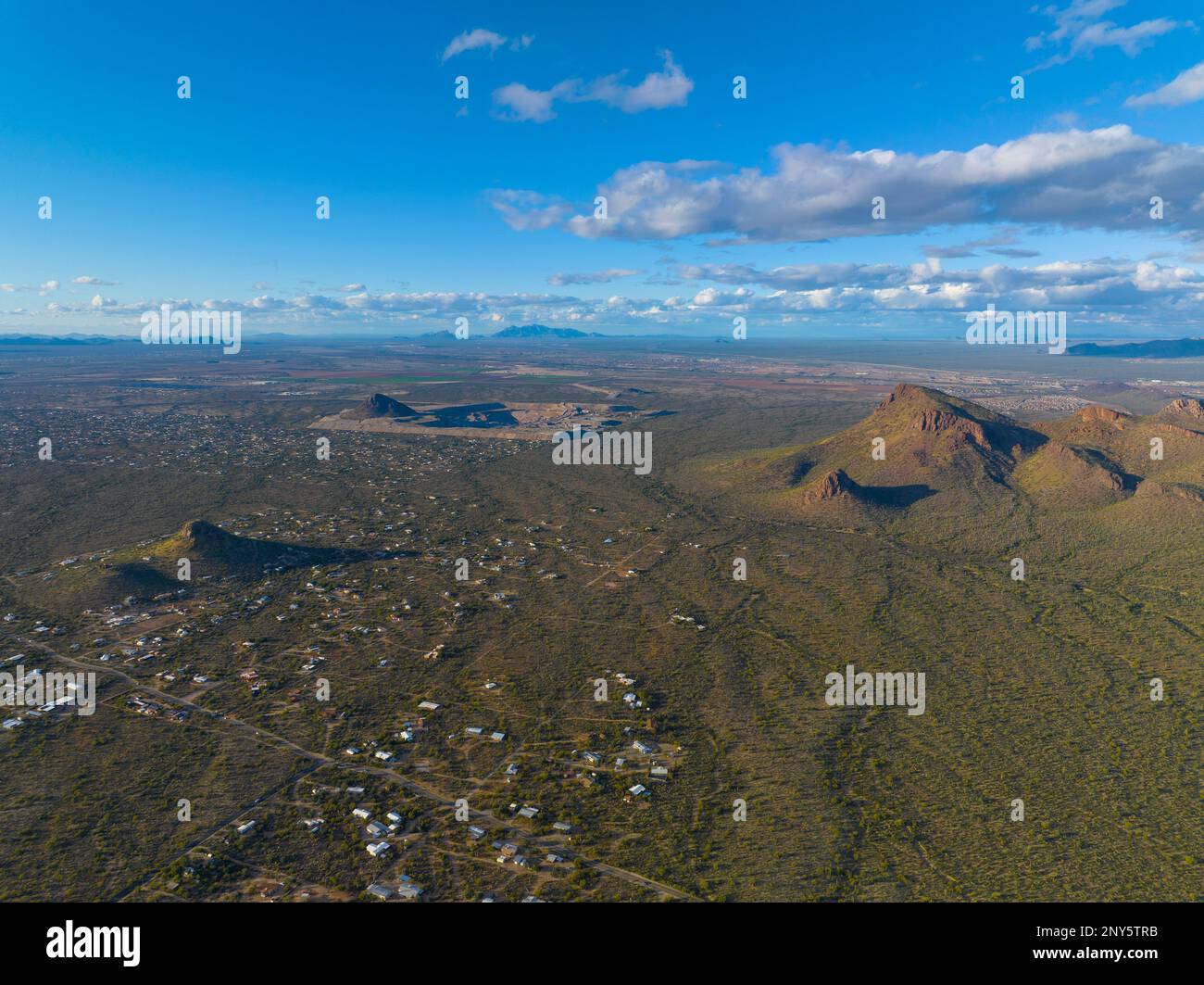 Panther Peak and Safford Peak aerial view with Sonoran Desert landscape in Tucson Mountain District in Saguaro National Park in city of Tucson, Arizon Stock Photo