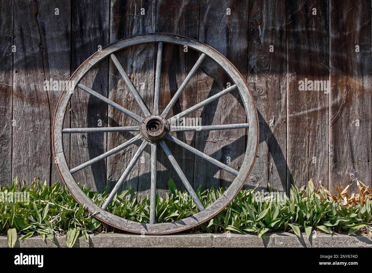 Old wagon wheel leaning against a barn wall Stock Photo Alamy