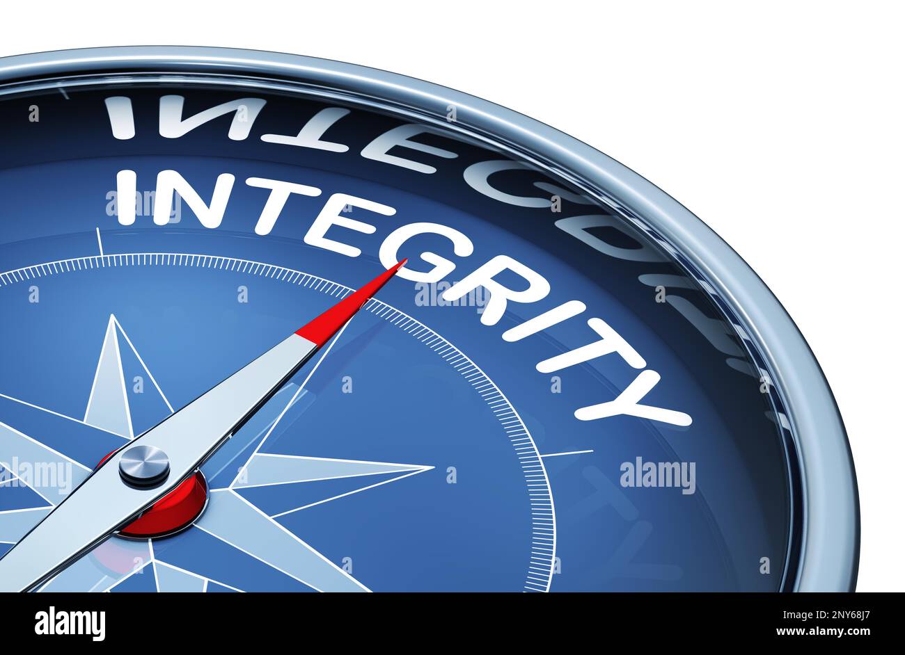 3D rendering of an compass with the word integrity Stock Photo