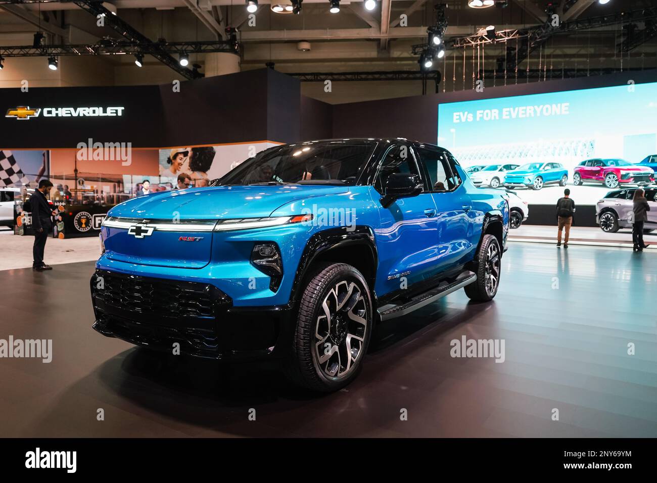 Chevrolet Silverado electric pickup truck in blue, on display at a car show Stock Photo