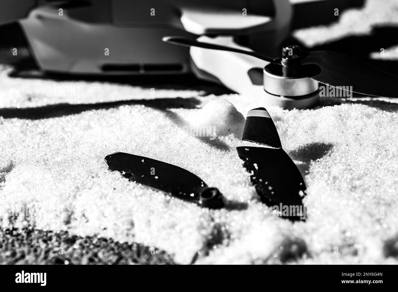 Damaged plastic drone rotor propeller blade caused by flying into an object and crashing Stock