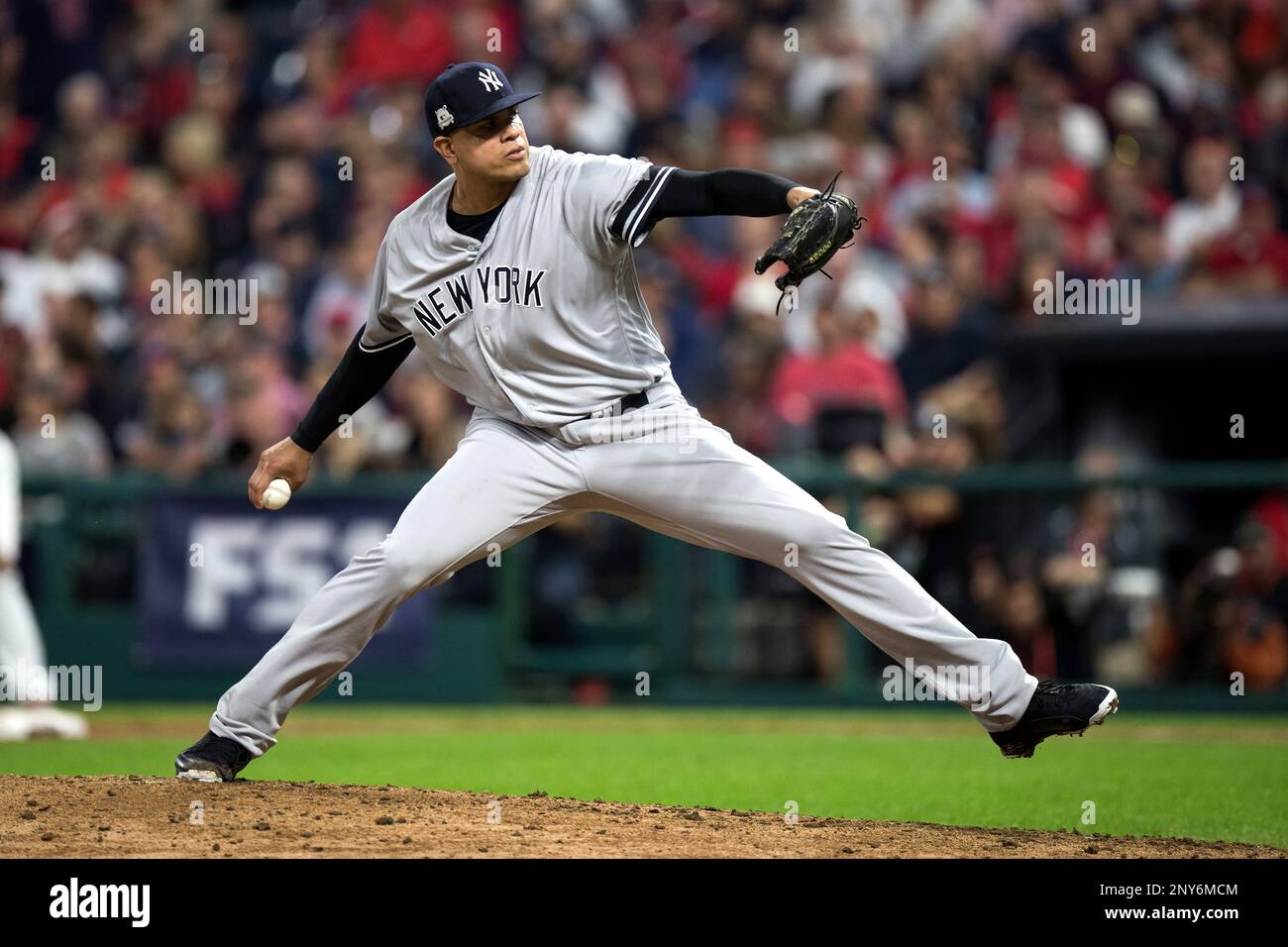 CLEVELAND, OH - OCTOBER 05: New York Yankees pitcher Dellin Betances (68)  delivers a pitch to the plate during the eighth inning of the 2017 American  League Divisional Series Game 1 between