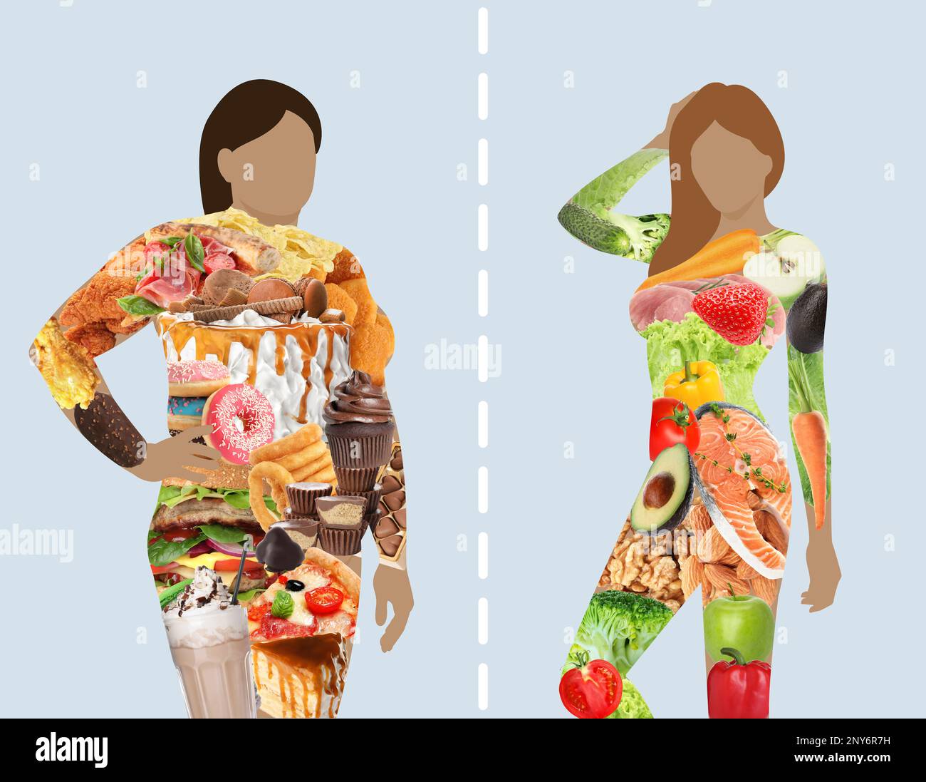 Silhouettes of overweight and slim women filled with unhealthy and ...