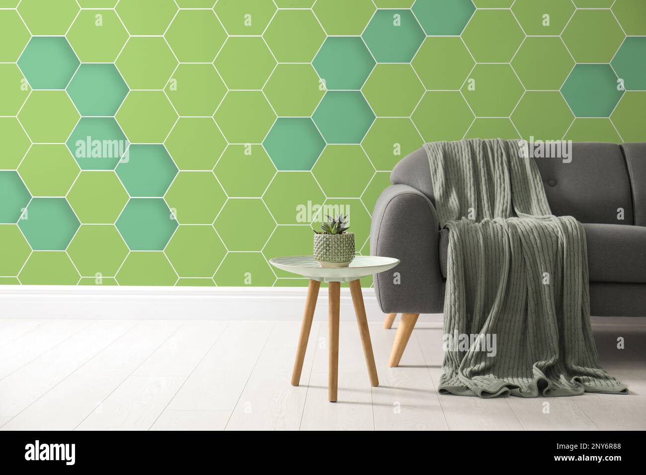 View of Textured wall with honeycomb pattern in stylish living room Stock Photo ...