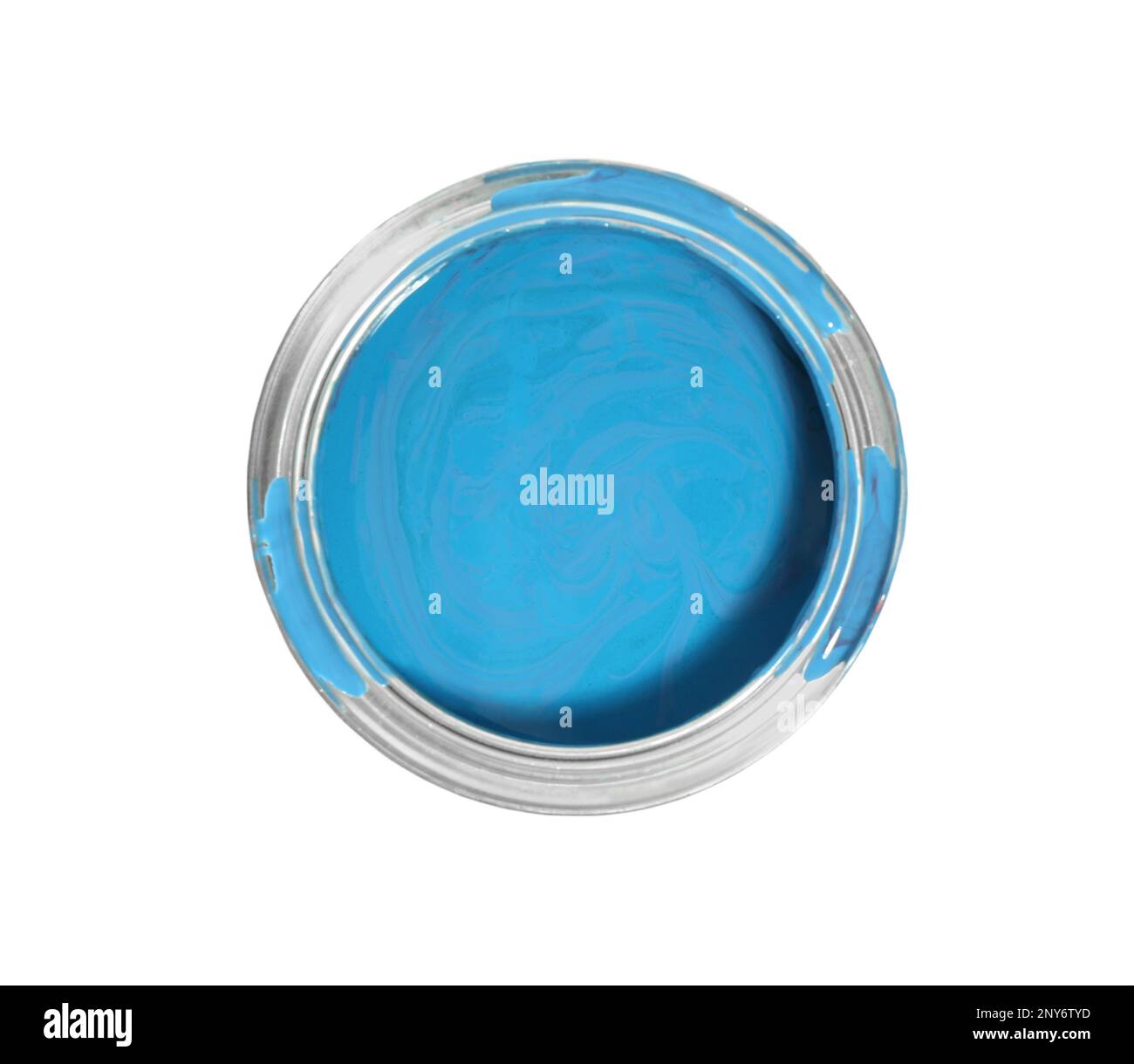 Can of blue paint on white background, top view Stock Photo Alamy
