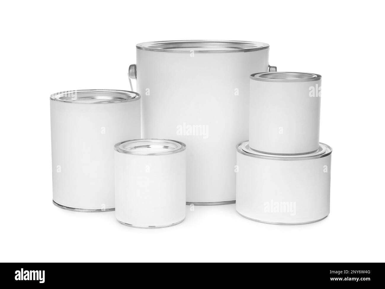 Set of different paint cans on white background. Mockup for design