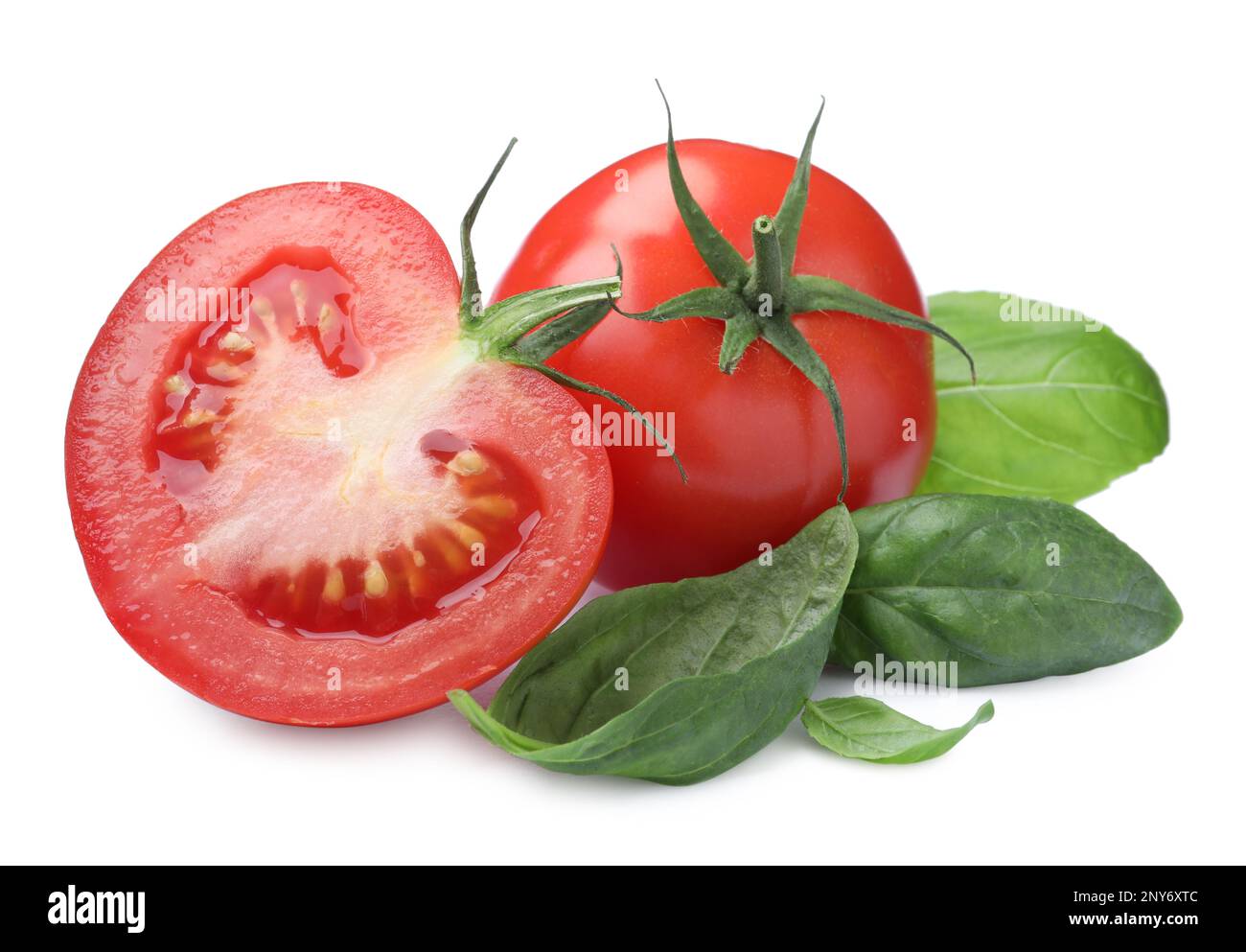 Fresh green basil leaves with cut and whole tomatoes on white ...