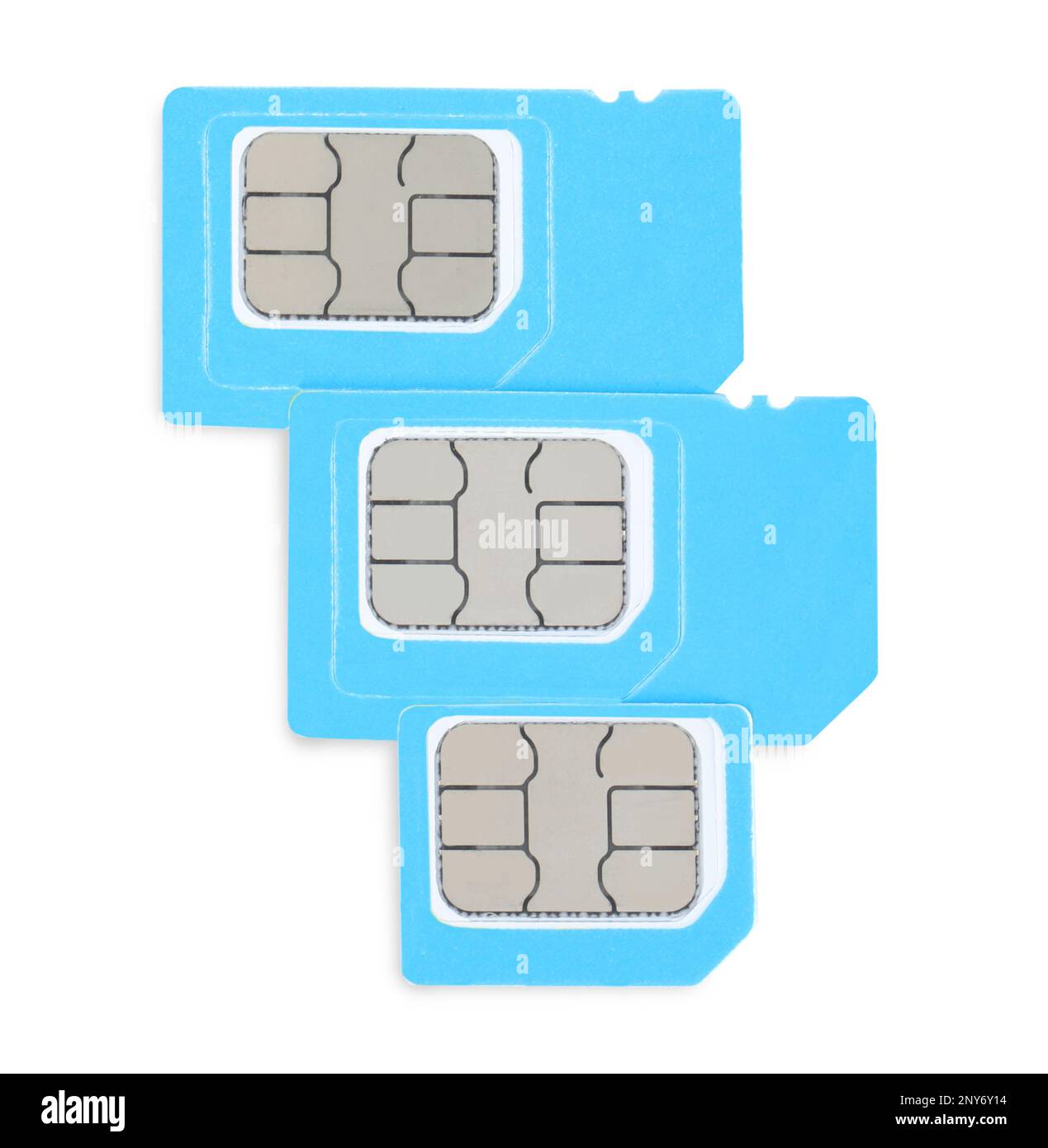 Light blue SIM cards on white background, top view Stock Photo