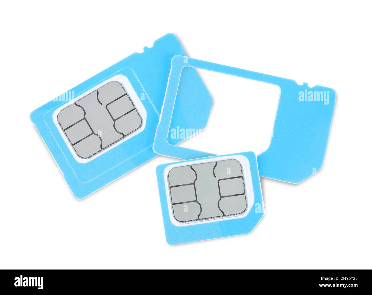 Light blue SIM cards on white background, top view Stock Photo