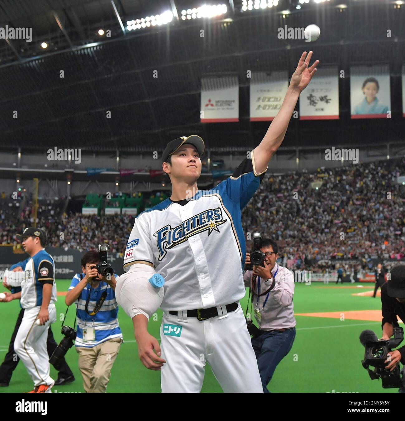 Hokkaido Nippon-Ham Fighters starter Syohei Otani reacts in the 1st inning  during a Nippon Professional Baseball's Pacific League match against Orix  Buffaloes at Sapporo Dome in Sapporo, Hokkaido on Oct. 4, 2017.