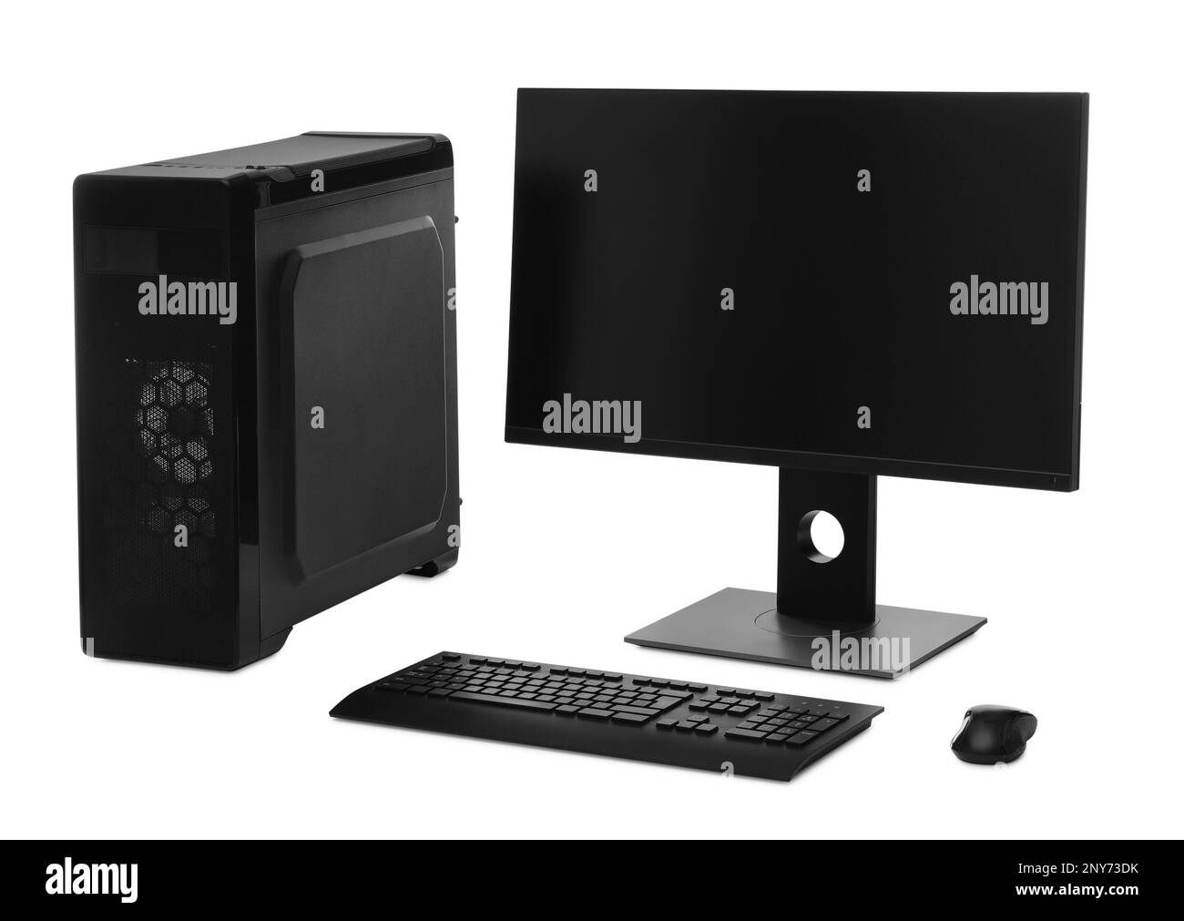 Modern computer monitor with black screen, system unit, keyboard and ...