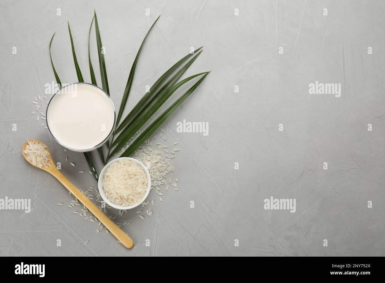 Delicious rice milk and grains on light grey table, flat lay. Space for