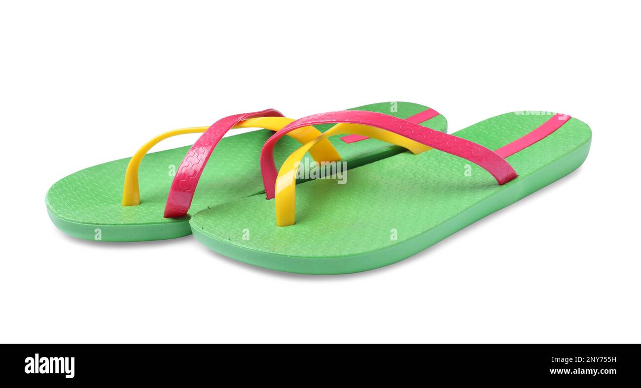 Pair of green flip flops isolated on white Stock Photo - Alamy