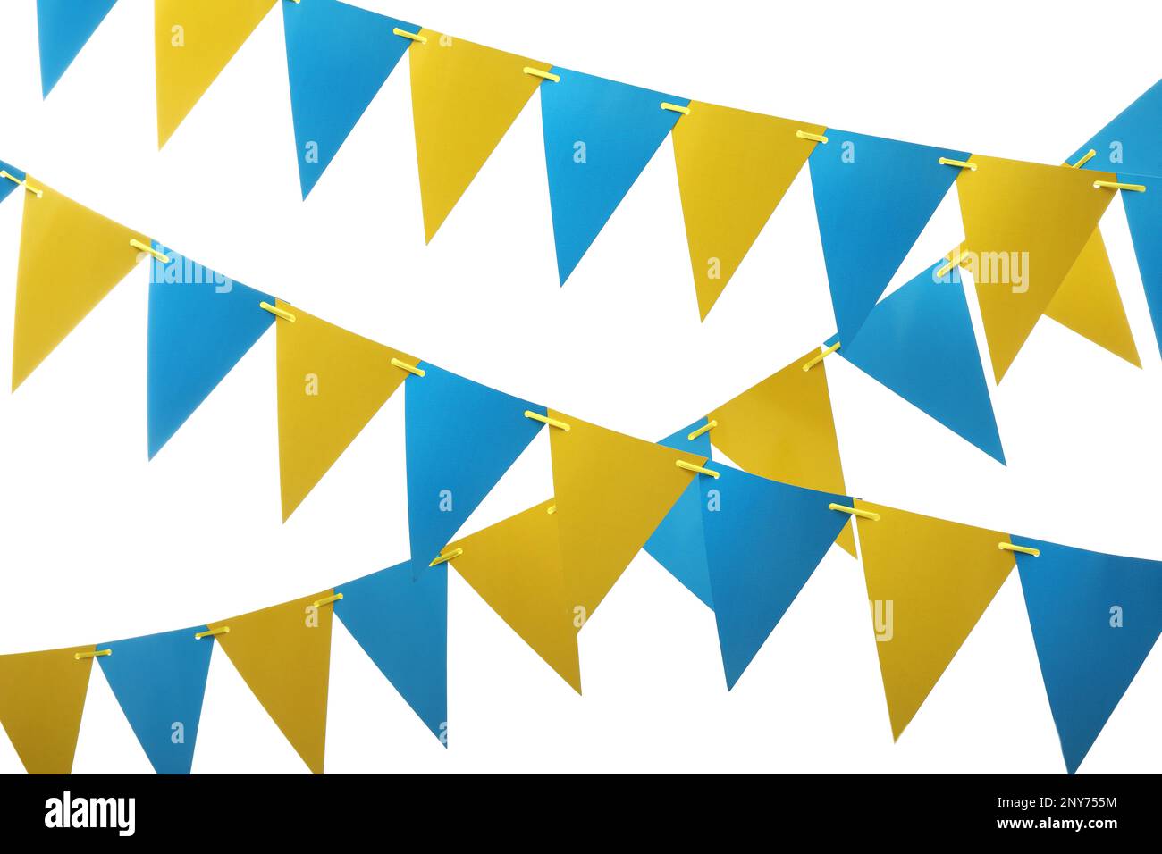 Rows of triangular bunting flags on white background. Festive decor ...