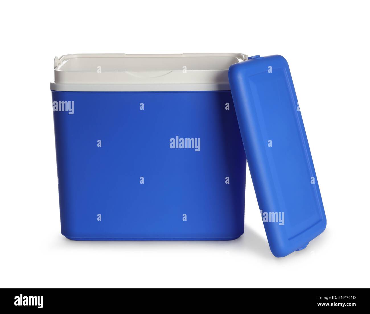 Open blue plastic cool box isolated on white Stock Photo Alamy