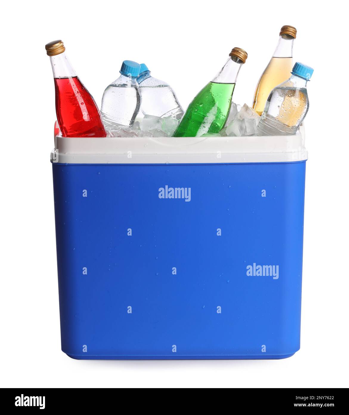 Blue plastic cool box with ice cubes and refreshing drinks on white