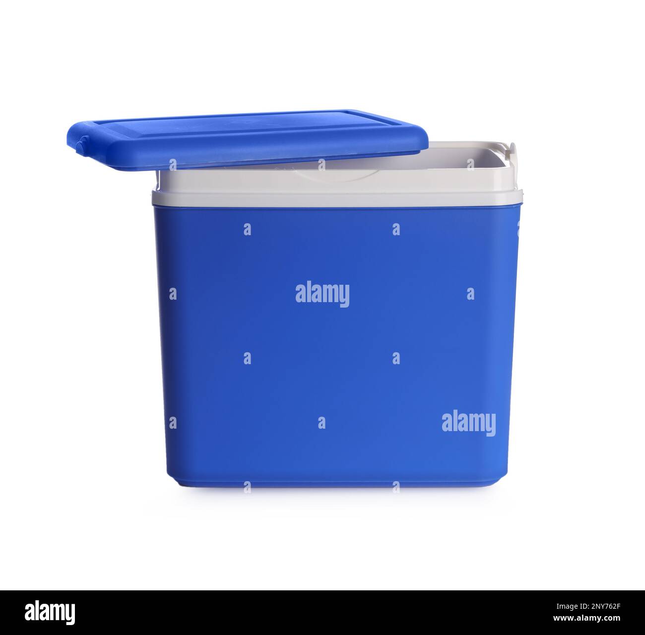Open blue plastic cool box isolated on white Stock Photo Alamy