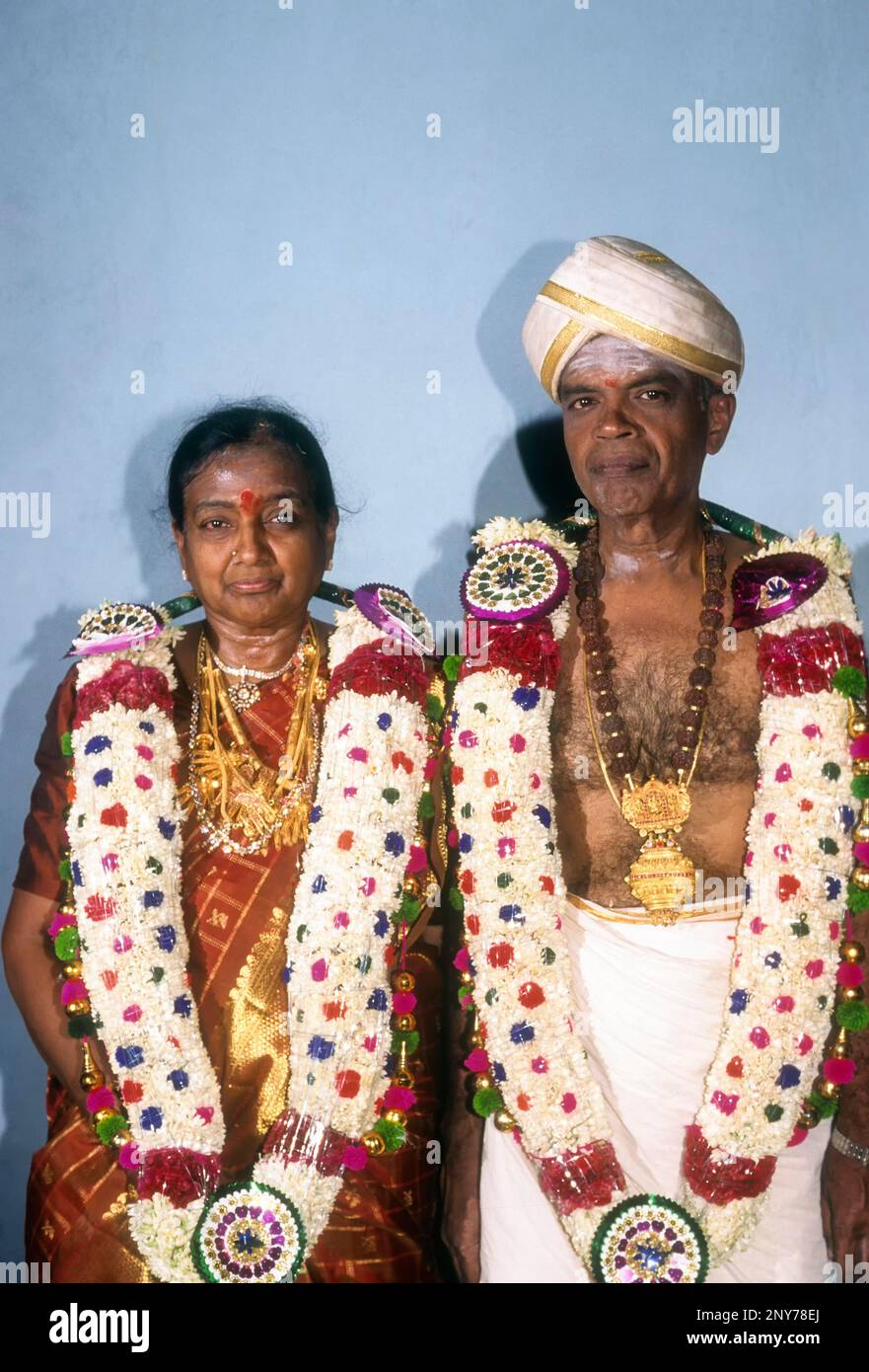 A Couple after sashtiapoorthy, 60th year marriage, Nagarathar Community, Tamil Nadu, India Stock
