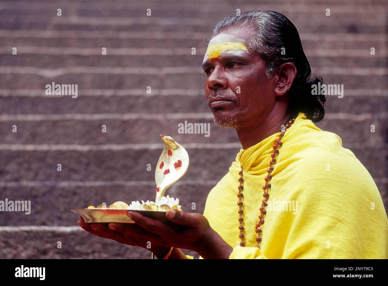 A Sadhu sitting on the steps with Naga idol, Arulmigu Dhandayuthapani Swamy Temple at Palani near Coimbatore, Tamil Nadu, India Stock Photo