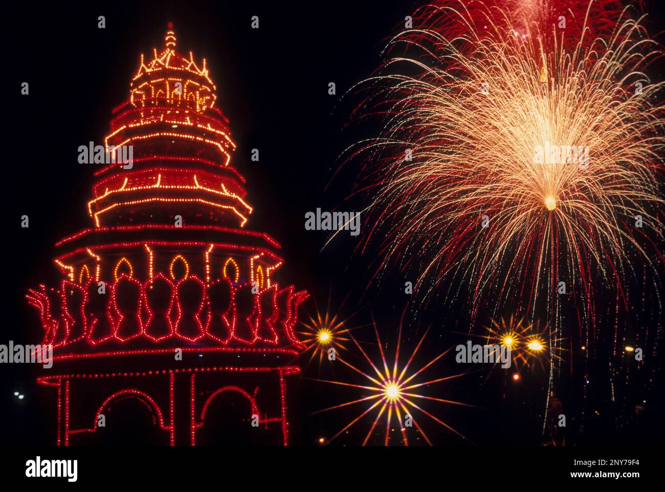 Neon lights and fireworks at Pooram Festival in Thrissur Trichur