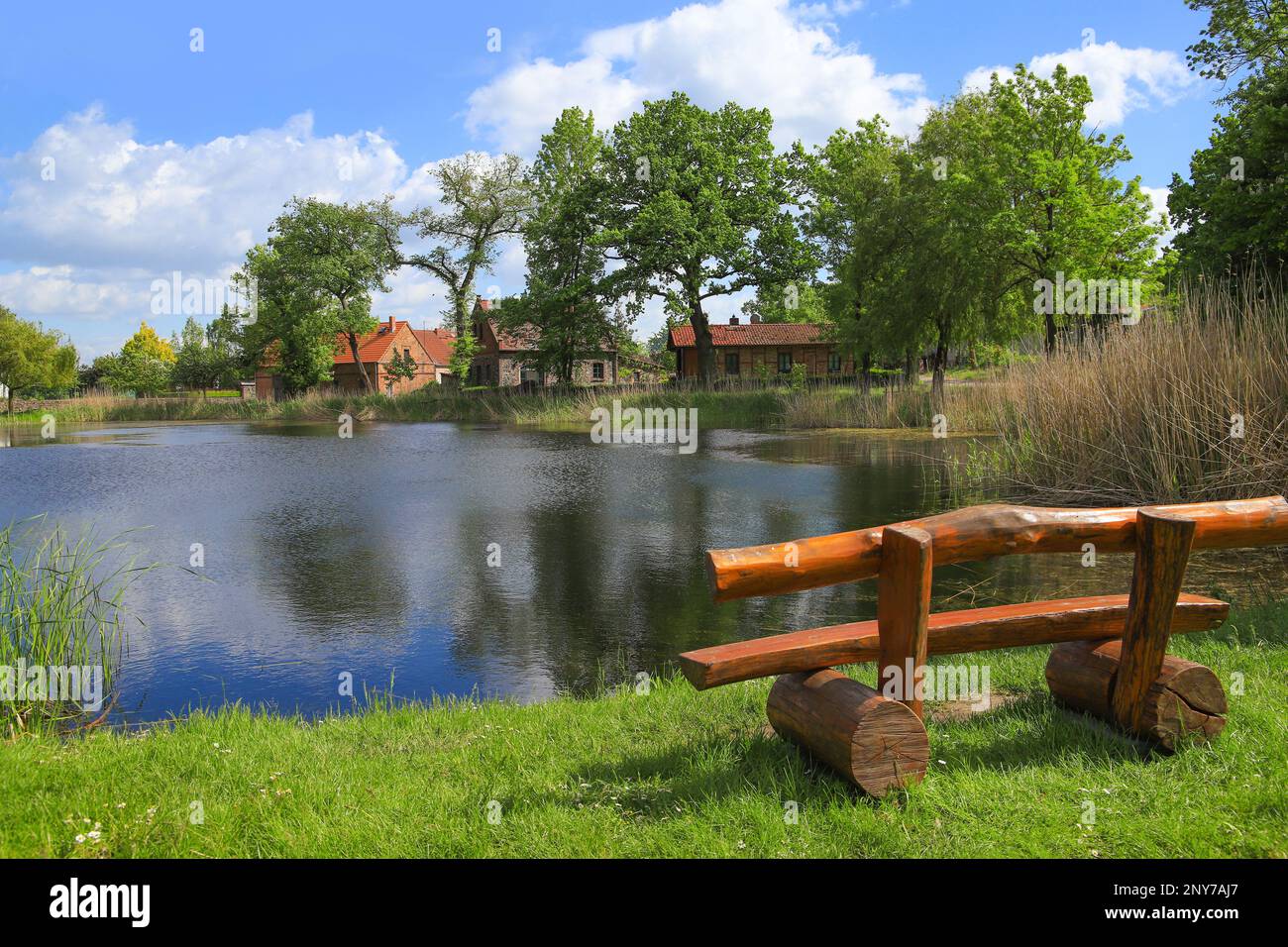 View to the wild little lake in the historic village Ihlow with the old architecture in the background, federal State Brandenburg - Germany Stock Photo