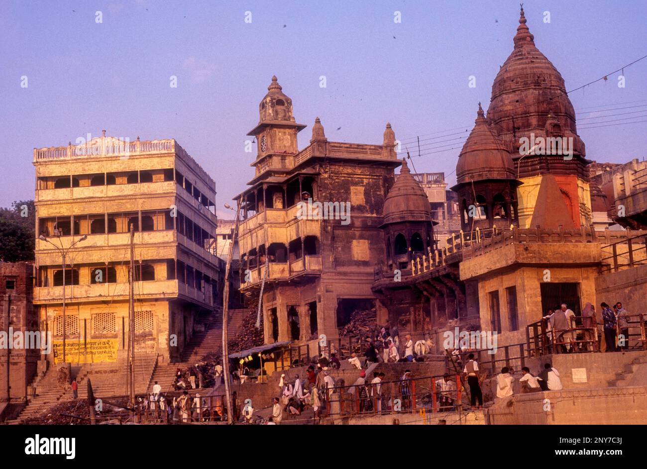 The Manikarnika Mahashamshan holiest cremation Ghat at Varanasi Benaras, Uttar Pradesh, India, Asia Stock Photo