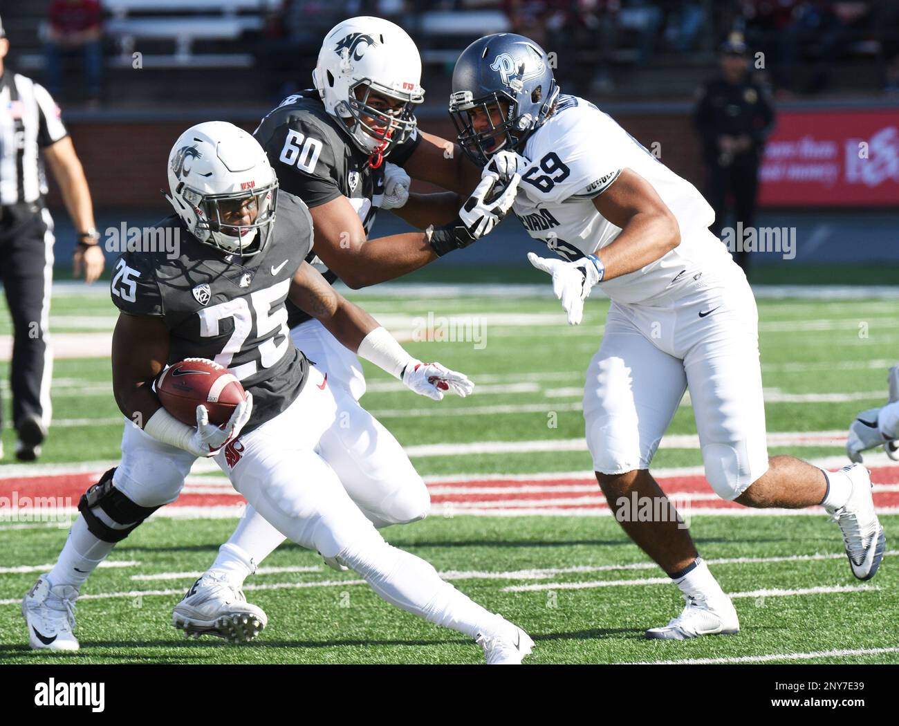 PULLMAN, WA - SEPTEMBER 23: Washington State Cougars running back Jamal  Morrow (25) cuts away from a defender as Washington State Cougars offensive  lineman Andre Dillard (60) puts a block on Nevada