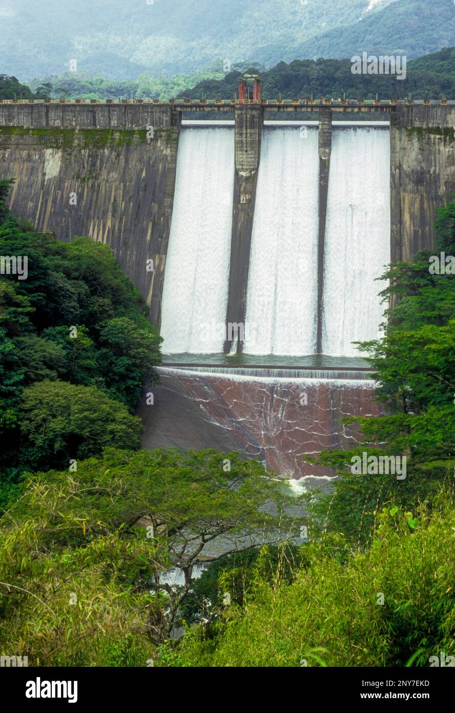 Over flow water in Siruvani Dam at Siruvani, Kerala, South India, India, Asia. Western Ghats, Asia Stock Photo