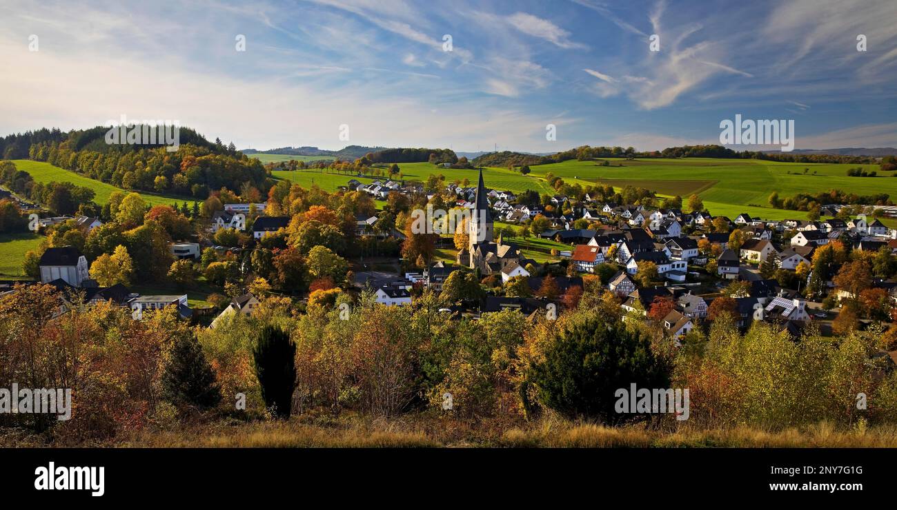 View of the district Stockum with the St. Pancratius Church, Sundern, Sauerland, North Rhine-Westphalia, Germany Stock Photo