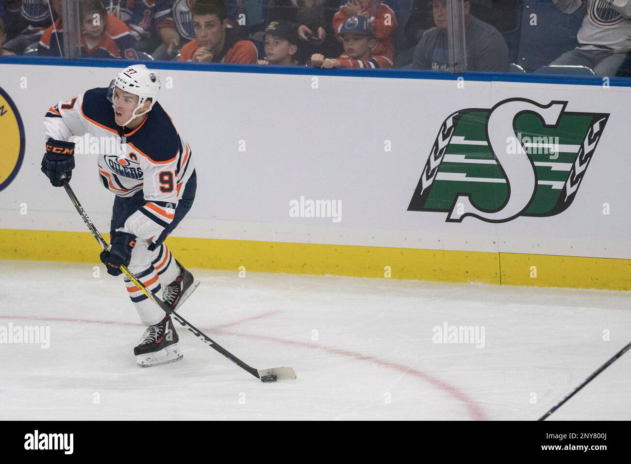Edmonton Oilers forward Connor McDavid moves the puck against the