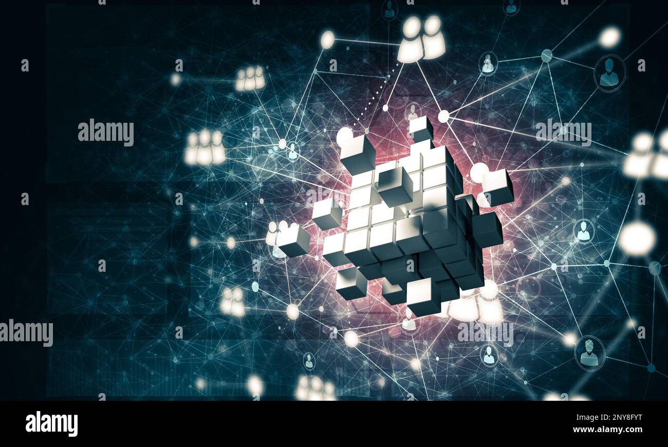 Concept of Internet and networking with digital cube figure on dark ...