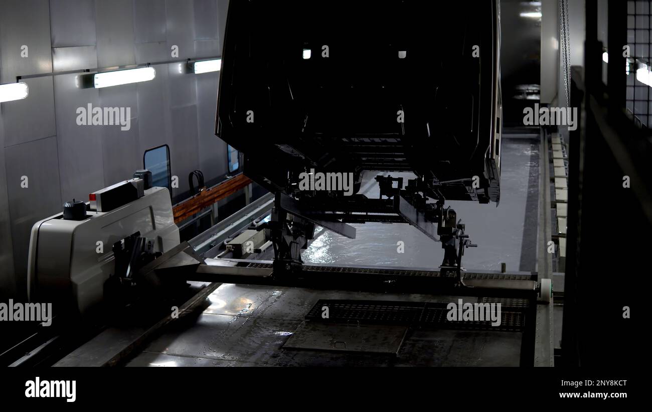 Large modern truck manufacturing plant interior. Scene. Parts of a