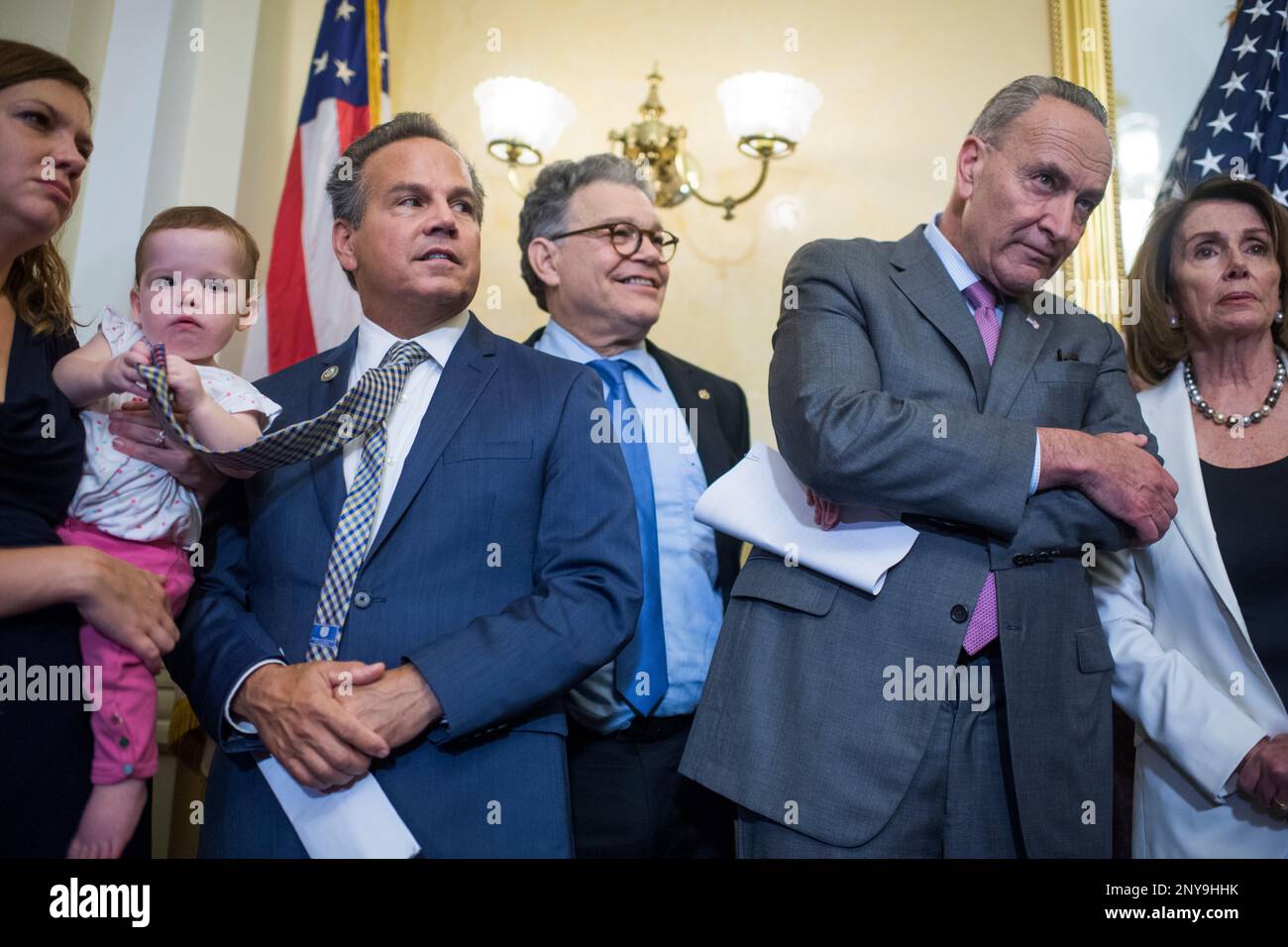 UNITED STATES SEPTEMBER 14 From - United States September 14 From Left Joan Shipps Her Daughter Alice 1 Rep David Cicilline D Ri Sen Al Franken D Minn Senate Minority Leader Charles Schumer D Ny And House Minority Leader Nancy Pelosi D Calif Attend A News Conference In The Capitol On The Child Care For Working Families Act Which Focuses On Affordable Early Learning And Care On September 14 2017photo By Tom Williamscq Roll Call Cq Roll Call Via Ap Images 2NY9HHK