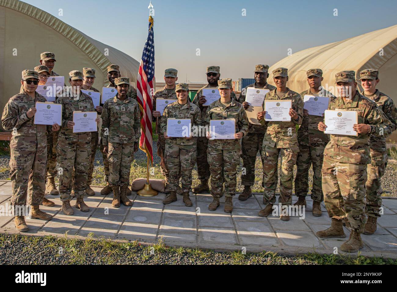 Soldiers with the 369th Sustainment Brigade pose for a photo after an ...