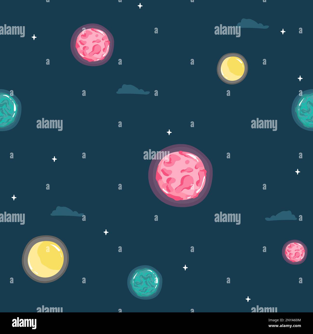 Space Seamless Pattern with Planets and Stars. Doodle Cartoon Cute Saturn Planet. Space Vector Background for Kids. Stock Vector