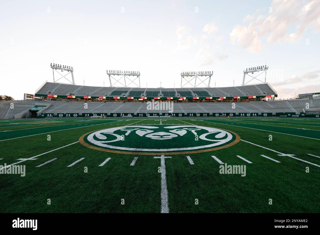 A general view of the Colorado State University Rams logo is seen at the  50-yard line prior to an NCAA college football game between the Colorado  State University Rams and the Oregon