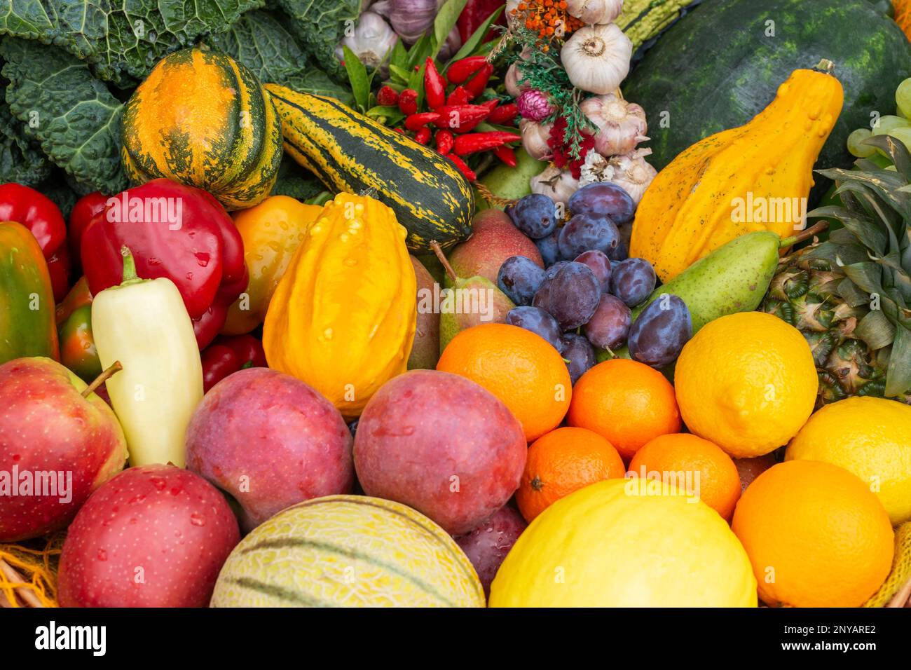 Colorful composition of raw fruit and vegetable. Organic food