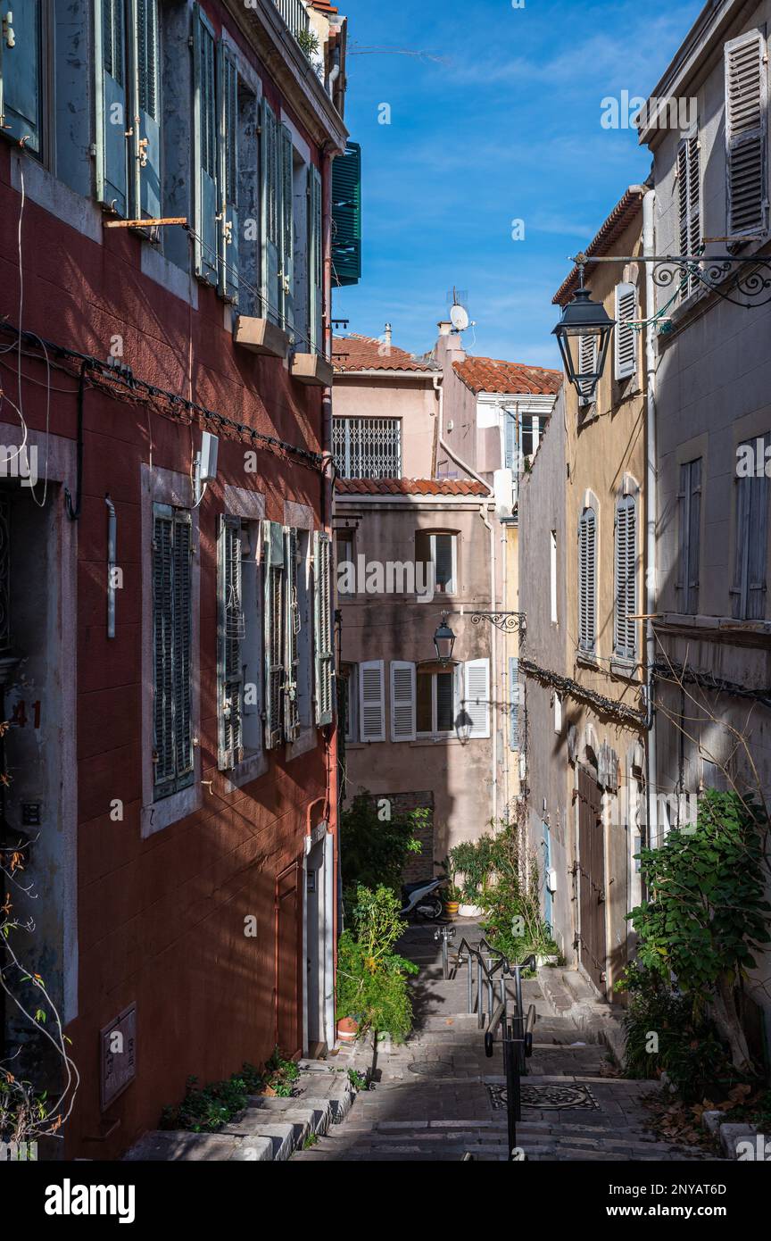 Marseille, Provence, France, 12 31 2022 Facades of houses in a narrow
