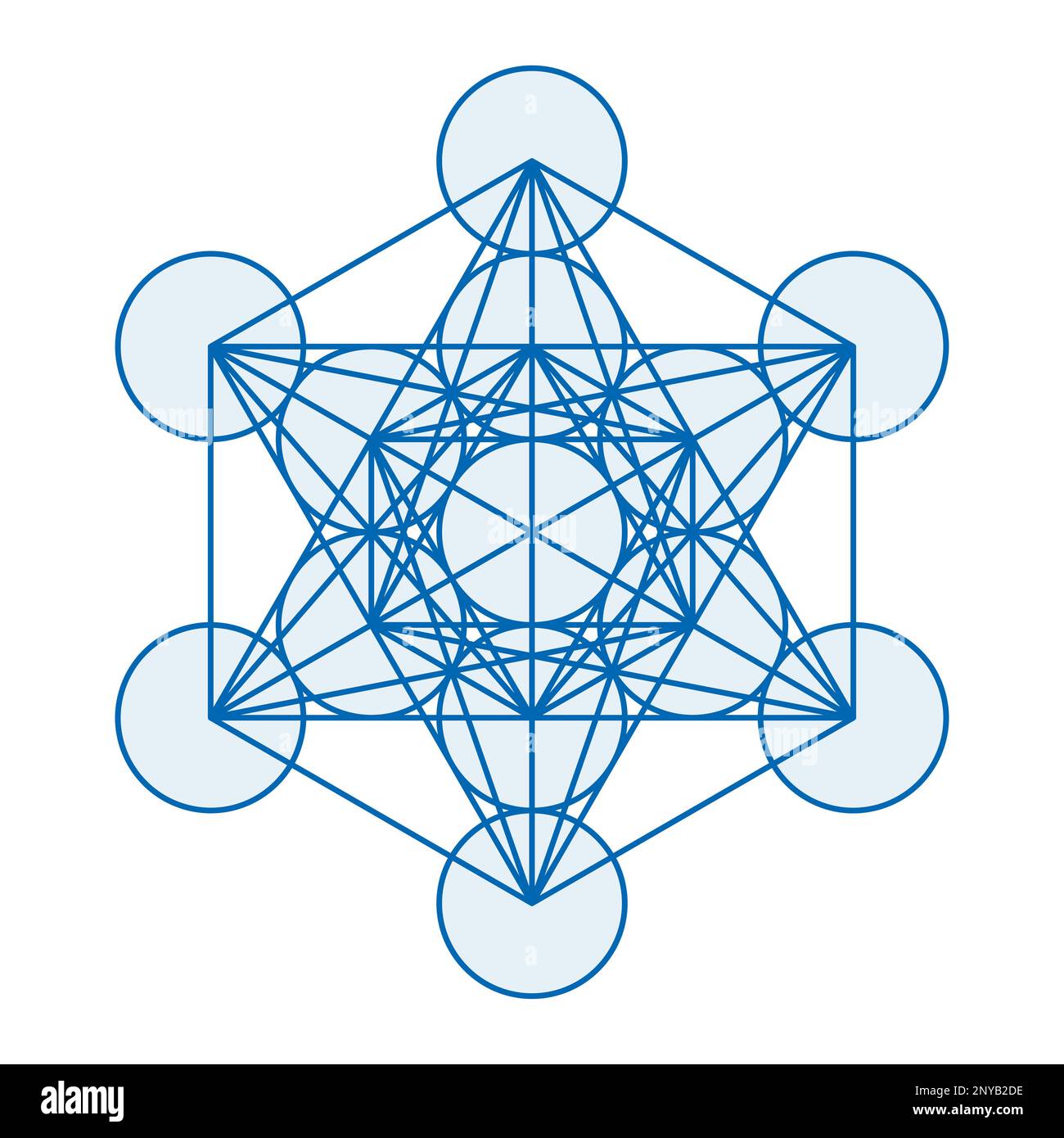 Blue Metatrons Cube. A mystical symbol, derived from the Flower of Life. All centers of the thirteen circles are connected through straight lines. Stock Photo