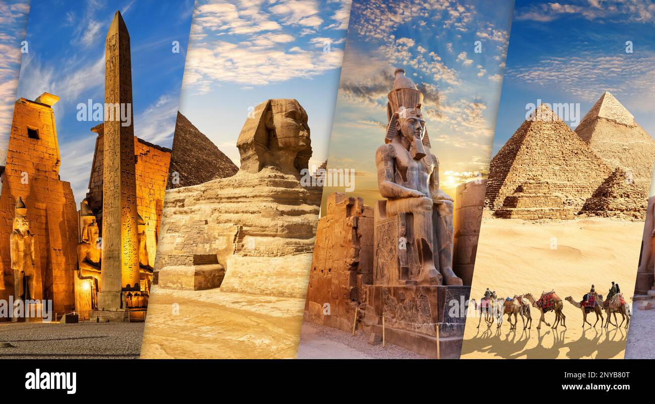 Luxor and Giza views in one collage of Egypt. Stock Photo