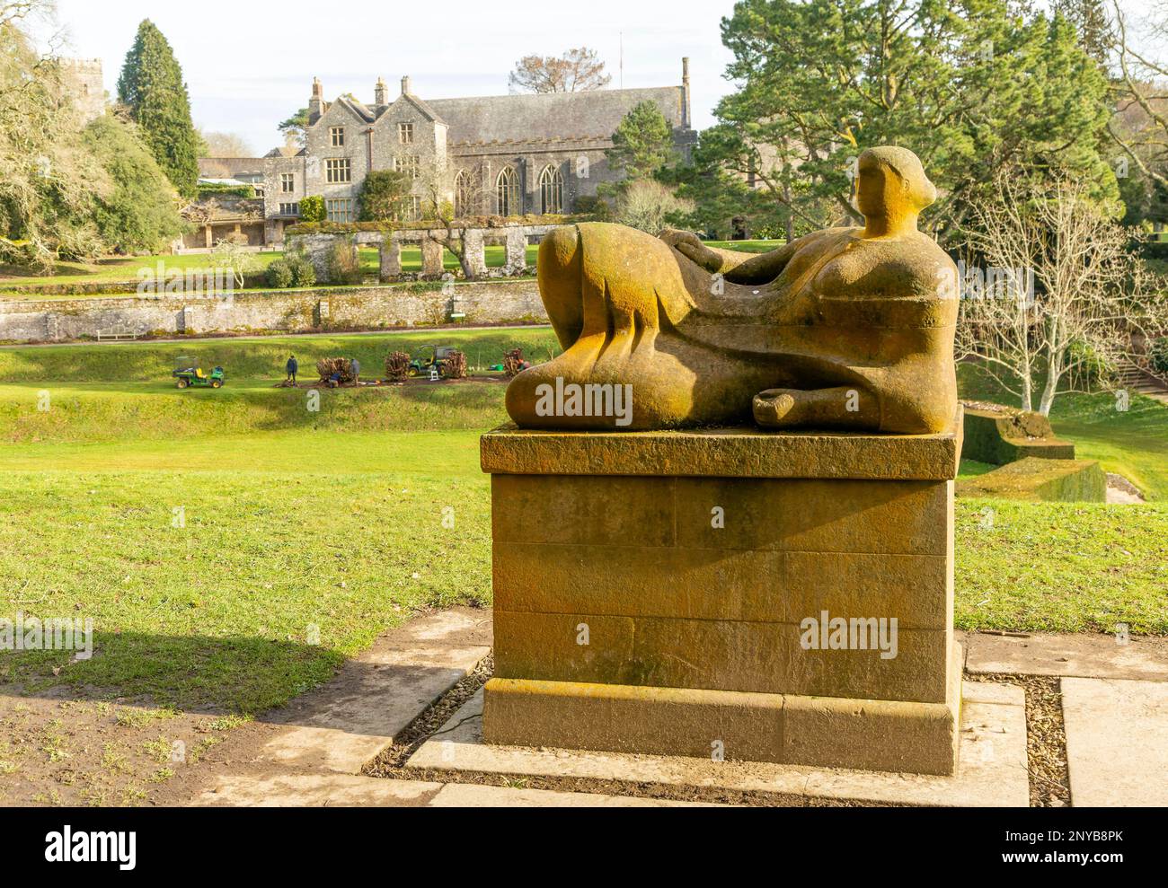 'Reclining Figure' sculpture 1946 by Henry Moore in garden, Dartington