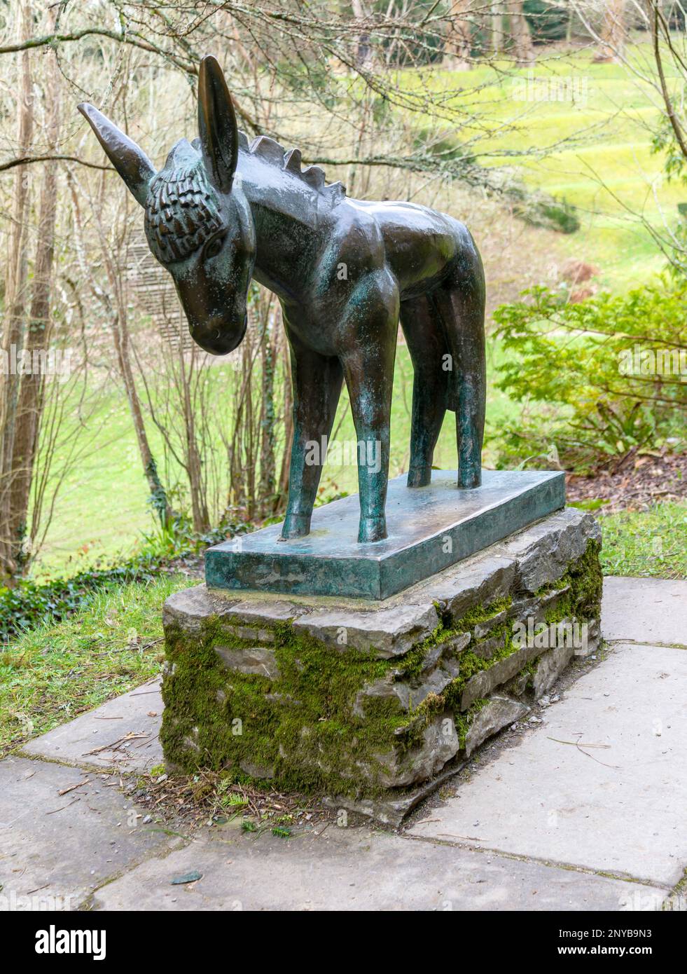 'Bronze Donkey' sculpture by Willi Soukop 1935 in garden, Dartington