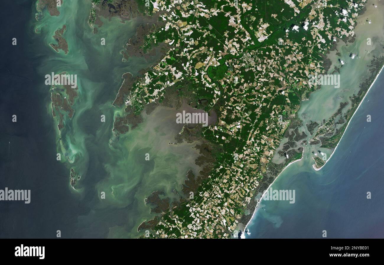 Assateague, Chincoteague and Wallops islands, observed by Landsat 8 on June 2, 2019, showing change to the three islands across three decades. Stock Photo