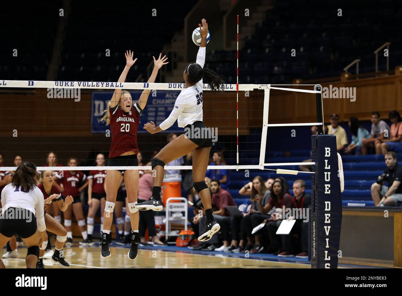 DURHAM, NC - SEPTEMBER 01: Northwestern's Alana Walker (right) tries to  spike past South Carolina's Alicia Starr (left). The Northwestern  University Wildcats played the University of South Carolina Gamecocks on  September 1,