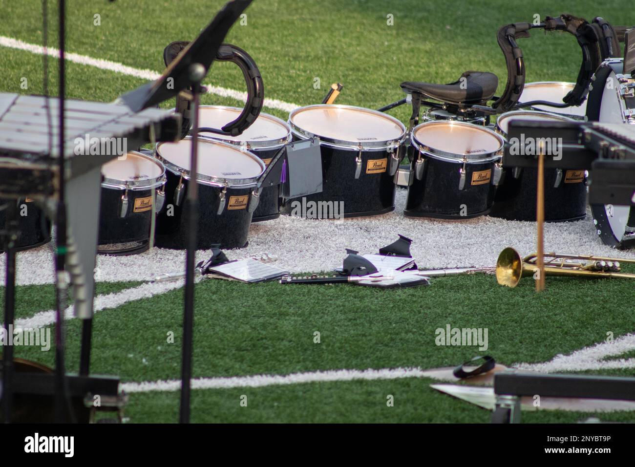 High school band drums on the football field . High quality photo Stock
